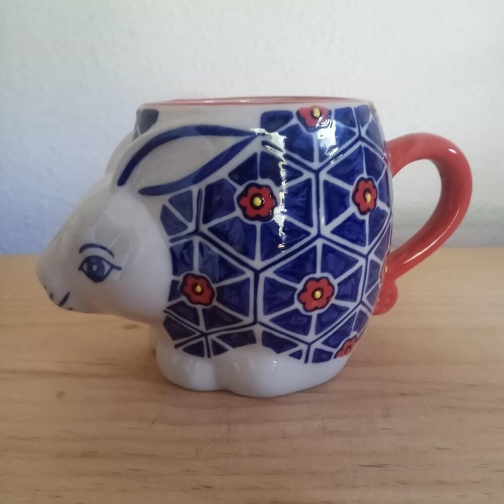 Miyabi Yokohama Studio Rabbit Mug NWT Hand Crafted Blue Red Coffee Tea
